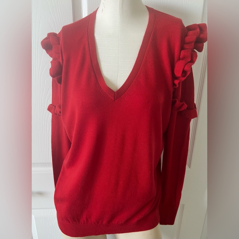 Banana Republic Women’s Red V-Neck Merino Wool Sweater with Ruffles SZ L
